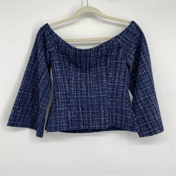 New Zara Blue Check Tweed Off the Shoulder Corset Style Peplum Top Size XS - Picture 8 of 13